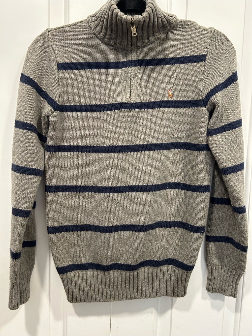 Polo Ralph Lauren Boys L 14-16 Gray Navy Striped Quarter Zip Sweater